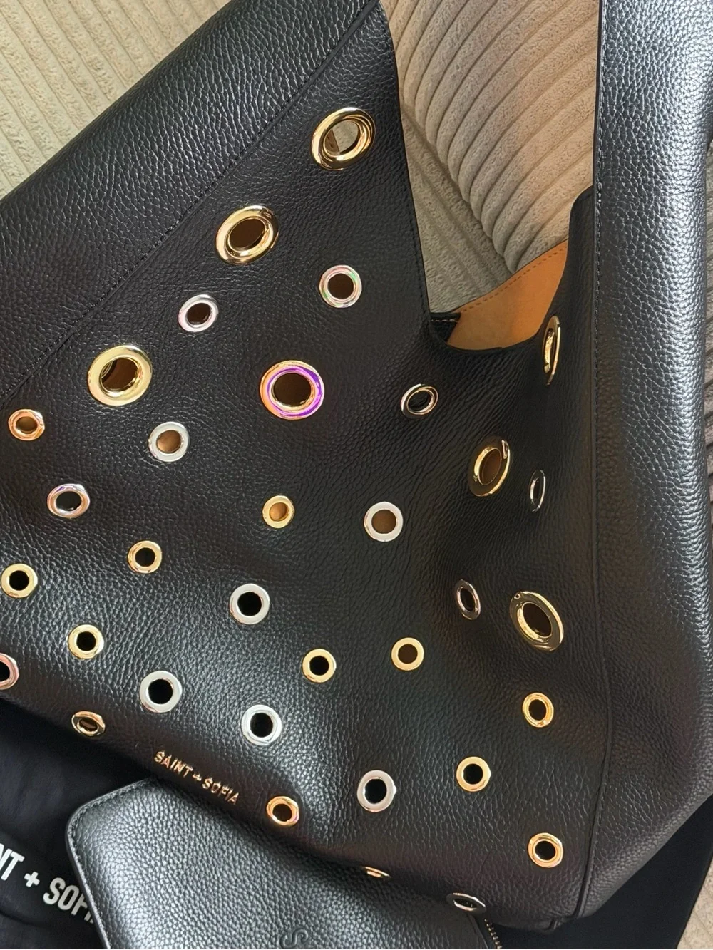 Saint + Sofia Black Leather Eyelet Hobo Bag